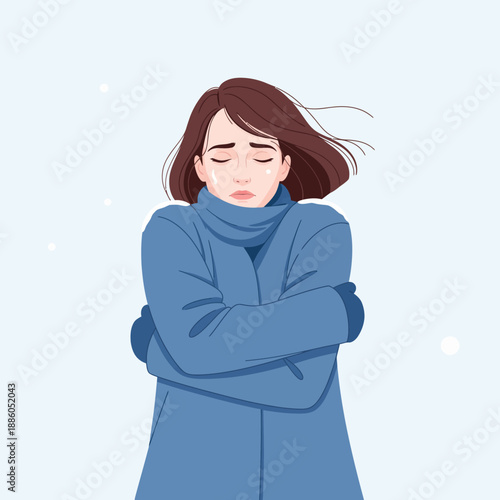 A sad woman feeling the cold winter chill, captured in a flat vector illustration perfect for winter themes