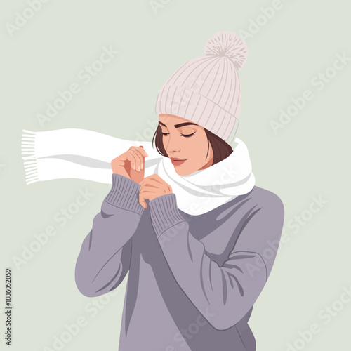 Chic winter illustration of a woman in a knitted hat and scarf, enjoying the cold weather, flat vector art