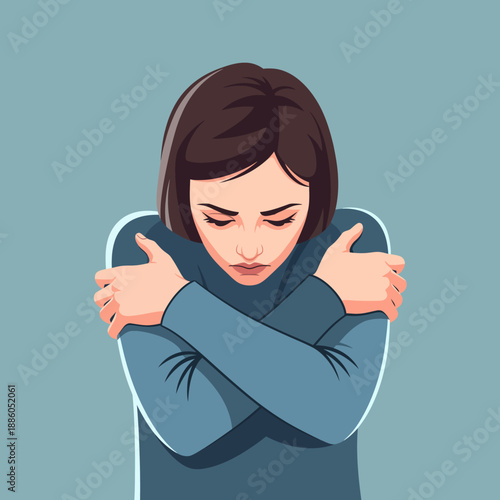 Sad woman hugging herself in the cold winter, a flat vector illustration depicting the feeling of winter blues and loneliness, feeling cold