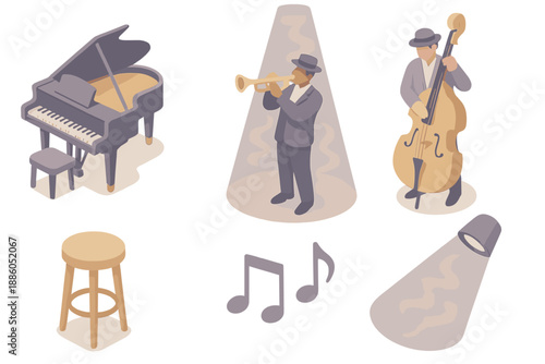 Midnight Jazz Icons. Isometric vector illustration set Midnight Jazz Session: piano, trumpet, double bass, bar stool, music notes,