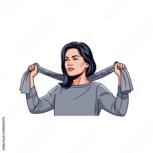 A stylish woman prepares for the brisk cold winter weather, elegantly depicted in a charming flat vector winter illustration, perfect for seasonal designs