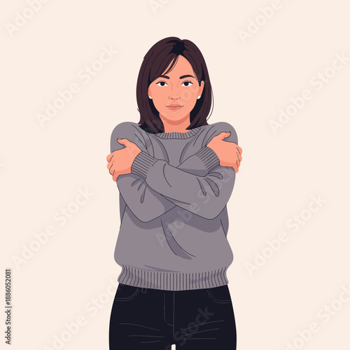 A young woman feeling the cold, hugging herself for comfort in a grey sweater, presented as a flat vector winter illustration, perfect for seasonal designs