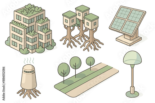 Eco-Metropolis Blueprint Design. Isometric vector illustration set Eco-Metropolis Blueprint: modular green buildings, tree-root