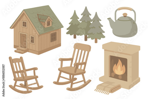 Cozy Woodland Retreat. Isometric vector illustration set Cozy Woodland Retreat: wooden cabin, rocking chair, wool blanket, pine