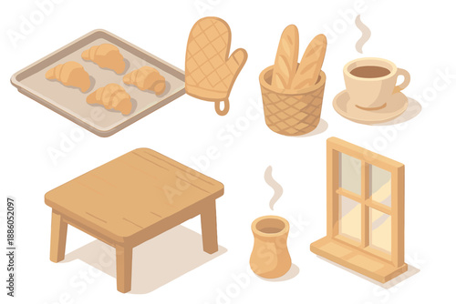 Artisan Bakery Morning. Isometric vector illustration set Artisan Bakery Morning: croissants on tray, baguette basket, oven mitt,