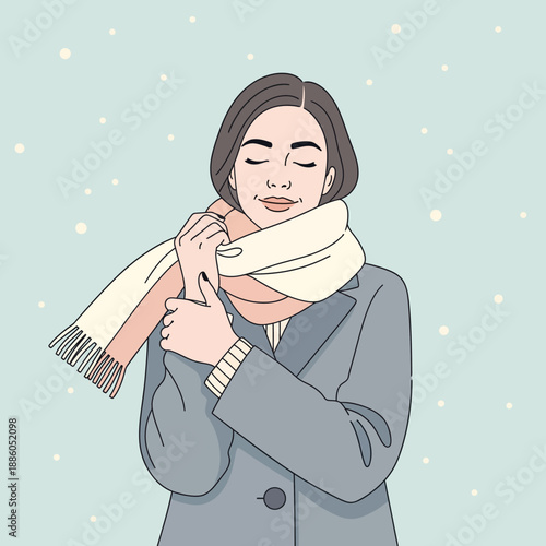 A woman feeling the cold winter illustration, a flat vector image to represent the winter season, feeling the winter chill with a scarf