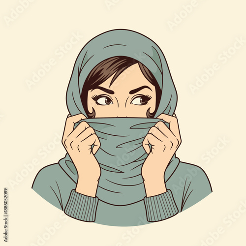Flat vector winter illustration of a woman wearing a hijab, looking shyly over the fabric, ready for cold winter weather