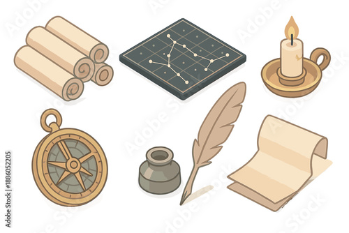 Lost Star Map Archive. Isometric vector illustration set Lost Star Map Archive: rolled charts, constellation grid, candle holder,