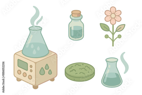 Atmospheric Aroma Lab. Isometric vector illustration set Atmospheric Aroma Lab: moisture extractor, rain-scent vial, moss-covered