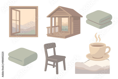 Cabin Dawn Stillness. Isometric vector illustration set Cabin Dawn Stillness: open porch window, glowing horizon, folded blanket,
