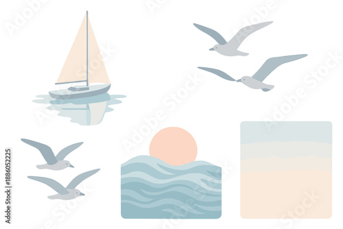 Maritime Morning Calm. Isometric vector illustration set Maritime Morning Calm: sailboat reflection, gulls in flight, rising sun,