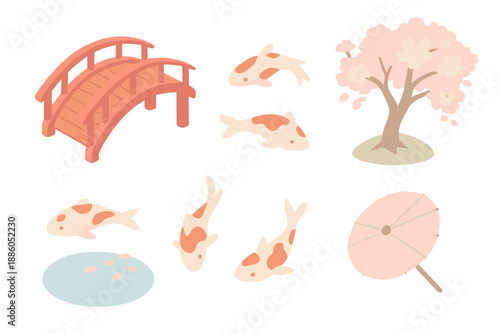 Tranquil Blossom Pond. Isometric vector illustration set Tranquil Blossom Pond: koi fish, red bridge, blooming sakura tree,