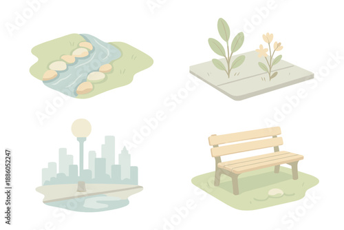 Urban Nature Icons. Isometric vector illustration set Nature in the City: flowing creek, sidewalk plants, streetlight reflection,