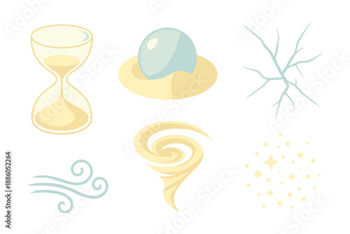 Time Sink Mirage. Isometric vector illustration set Time Sink Mirage: transparent hourglass, sinking sphere, sand trail vortex,