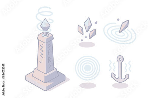 Etheric Transmission Tower. Isometric vector illustration set Etheric Transmission Tower: tall amplifier with runes, spiral light
