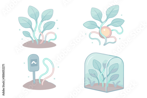 Bioelectric Flora Icons. Isometric vector illustration set Bioelectric Flora Habitat: neon vines, transparent leaves, humming