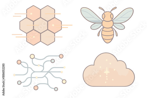 Neural Hive System. Isometric vector illustration set Neural Hive System: interconnected hexes, bee-like drone, network streams,