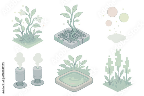 Electric Eden Sanctuary. Isometric vector illustration set Electric Eden Sanctuary: glowing vines, metal roots, hovering pollen,