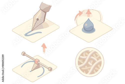 Writing Tools Icons. Isometric vector illustration set Writing Pressure Study: steel nib, expanding ink line, motion arrows, curve