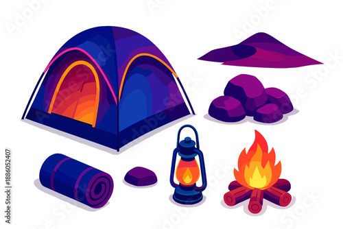 Neon Desert Camp. Isometric vector illustration set Neon Nomad Tent: neon-lit dome tent, desert rocks, glowing lantern, rolled mat