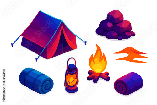 Neon Nomad Camp. Isometric vector illustration set Neon Nomad Tent: neon canvas tent, glowing campfire flame, desert rock pile,