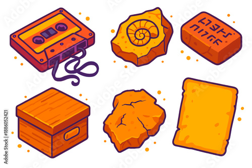 Archaeologic Audio Icons. Isometric vector illustration set Archaeologic Audio Tape: cassette tape with tape unraveling, fossil