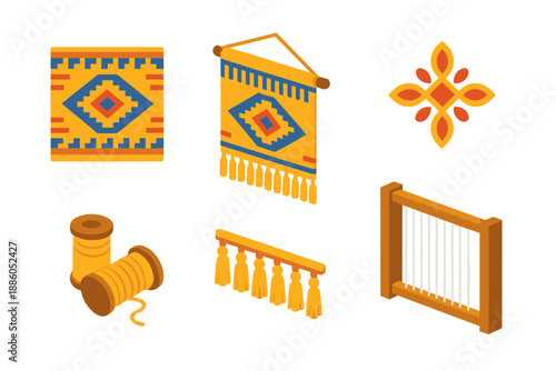 Saffron Tapestry Art. Isometric vector illustration set Saffron Thread Tapestry: woven geometric panel, hanging tapestry, saffron