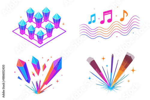 Crystalline Harmonic Symphony. Isometric vector illustration set Crystalline Lattice Song: glowing crystal grid, harmonic wave