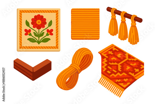 Saffron Tapestry Icons. Isometric vector illustration set Saffron Thread Tapestry: embroidered floral motif, woven thread swatch,