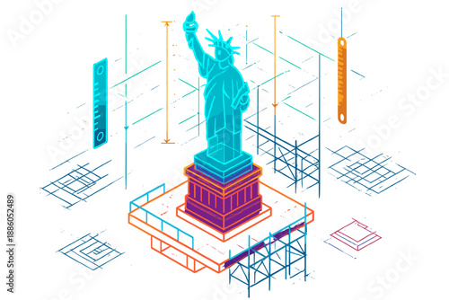 Ephemeral Monument Blueprint. Isometric vector illustration set Ephemeral Monument Blueprint: translucent monument layers,