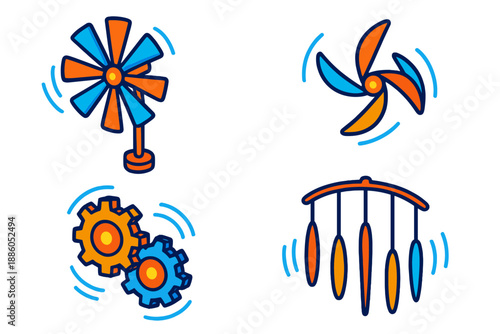 Kinetic Wind Sculpture. Isometric vector illustration set Kinetic Sculpture Wind: spinning windmill sculpture, rotating gears,