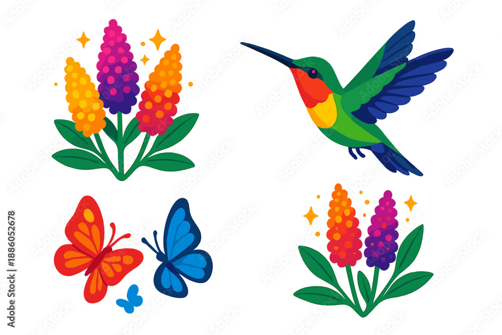 Obraz premium Hummingbird and Butterfly Bush. Isometric vector illustration set Butterfly Bush Hummingbird: colorful butterfly bush, hummingbird