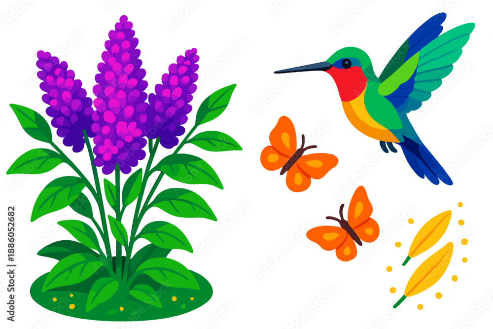 Obraz premium Butterfly Bush Spectacle. Isometric vector illustration set Butterfly Bush Hummingbird: vibrant bush with blossoms, hovering bird,