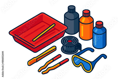 Developer Tray Essentials. Isometric vector illustration set Developer Tray Narrative: darkroom tray setup, chemical bottles,
