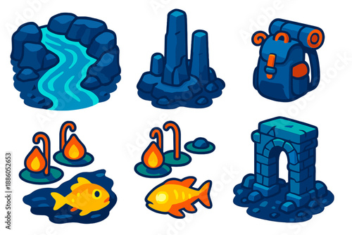Subterranean Ocean Icons. Isometric vector illustration set Subterranean Ocean Map: subterranean river, rock pillars, floating