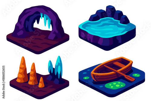 Underground Ocean Exploration. Isometric vector illustration set Subterranean Ocean Map: underground cavern, crystal-clear