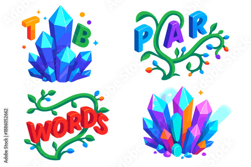 Linguistic Crystal Growth. Isometric vector illustration set Linguistic Crystal Growth: crystalline formation, floating letters,