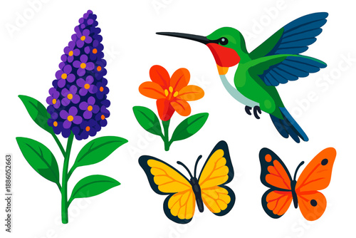 Butterfly Bush Hummingbird. Isometric vector illustration set Butterfly Bush Hummingbird: flowering butterfly bush, hovering