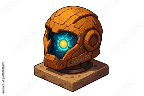 Futuristic Helmet Fossil. Isometric vector illustration set Fossilized Future Artifact: futuristic helmet fossil, broken visor,