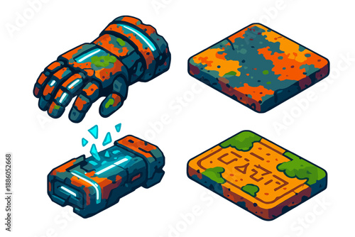 Futuristic Gauntlet Relic. Isometric vector illustration set Fossilized Future Artifact: futuristic gauntlet relic, corroded metal
