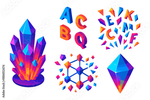 Linguistic Crystal Growth. Isometric vector illustration set Linguistic Crystal Growth: glowing crystal cluster, floating letters,