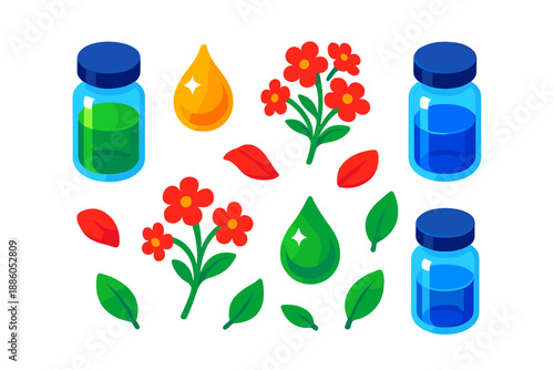 Botanical Essence Vials. Isometric vector illustration set Botanical Essence Story: glass vials with botanical extracts, tiny