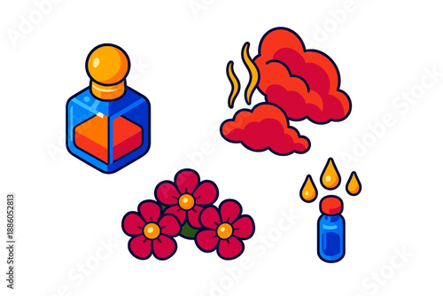 Olfactory Scent Icons. Isometric vector illustration set Olfactory Memory Trigger: glass scent bottle, floating fragrance clouds,