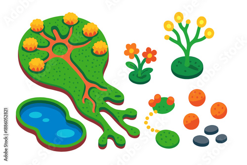 Neurological Garden Pathway. Isometric vector illustration set Neurological Garden Pathway: neuron-shaped garden layout, glowing