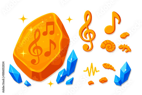 Fossilized Song Amber. Isometric vector illustration set Fossilized Song Amber: polished amber shard, embedded musical symbols,