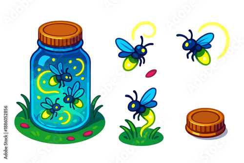 Fireflies in Jar. Isometric vector illustration set Firefly Jar Glow: mason jar with luminescent fireflies, glowing light trails,