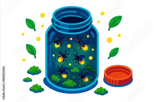 Firefly Jar Glow. Isometric vector illustration set Firefly Jar Glow: jar with glowing fireflies, floating light particles, tiny
