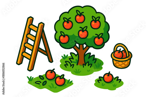 Apple Harvest Scene. Isometric vector illustration set Apple Orchard Ladder: wooden orchard ladder, apple-laden tree, tiny basket,