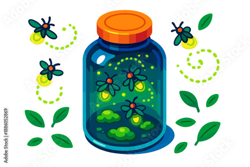 Luminescent Firefly Jar. Isometric vector illustration set Firefly Jar Glow: glass container with luminescent fireflies, floating
