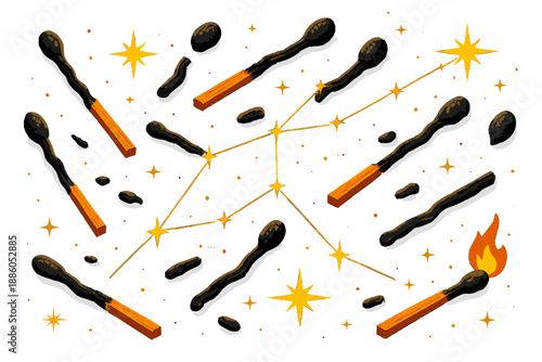 Burnt Matchstick Constellation. Isometric vector illustration set Burnt Matchstick Constellation: scattered burnt matchsticks,